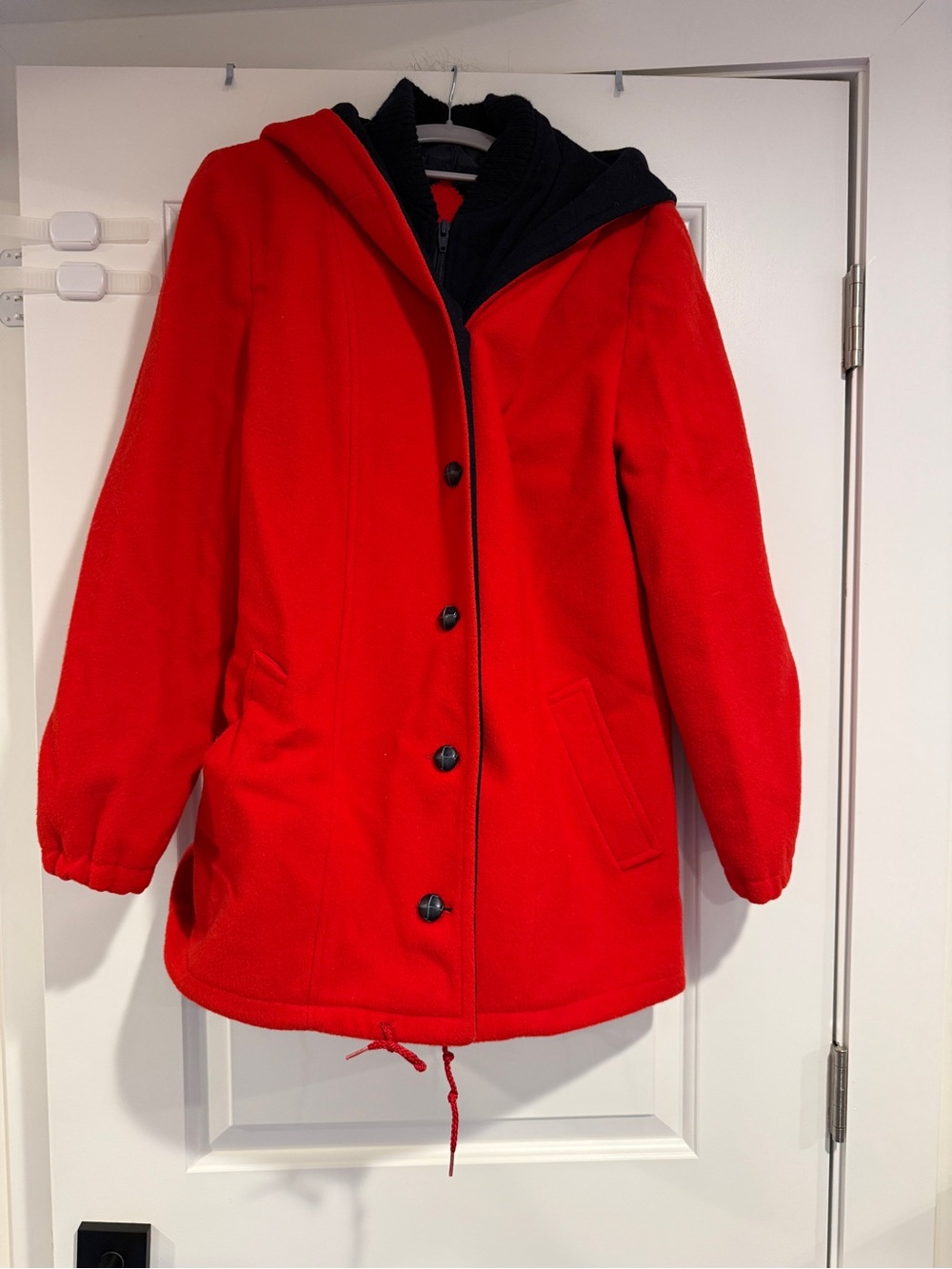 Vintage Mackintosh 100% Wool Vest Coat Jacket Navy Red Hooded Toggle Size 12